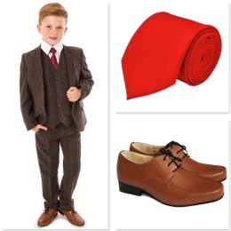 Boys Dark Brown Check Tweed Communion 5 Piece Suit, Shoes & Tie