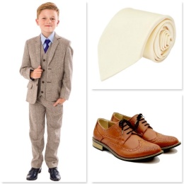 Boys Brown Herringbone Tweed Communion 5 Piece Suit, Shoes & Tie