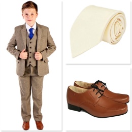 Boys Chestnut Brown Herringbone Communion 5 Piece Suit, Shoes & Tie