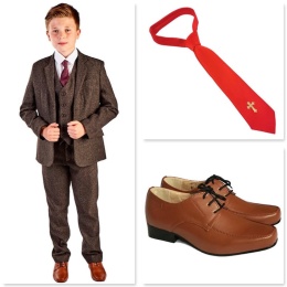 Boys Dark Brown Tweed Communion 5 Piece Suit, Shoes & Tie