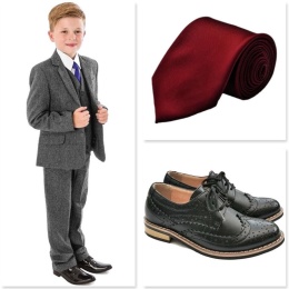 Boys Dark Grey Herringbone Tweed Communion 5 Piece Suit, Shoes & Tie