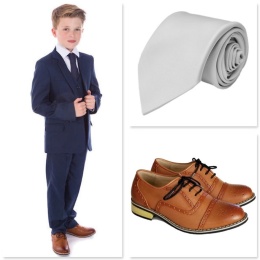 Boys Navy Check Communion 5 Piece Suit, Shoes & Tie