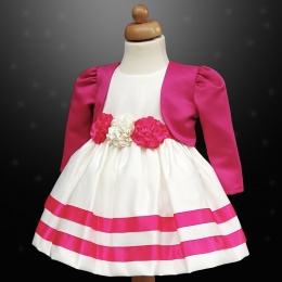 Girls Cerise Pink & Ivory Ribbon Rosette Dress & Bolero Jacket