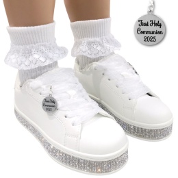 Girls White Diamante 2025 Charm Lace-Up Communion Trainers