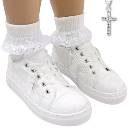 Girls White Floral Lace Cross Communion Trainers