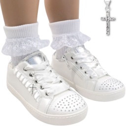 Girls White & Silver Sparkle Cross Lace-Up Communion Trainers