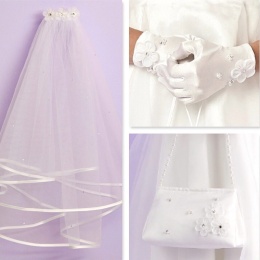 Girls Ivory Diamante Flower Bag, Gloves & Veil Communion Set